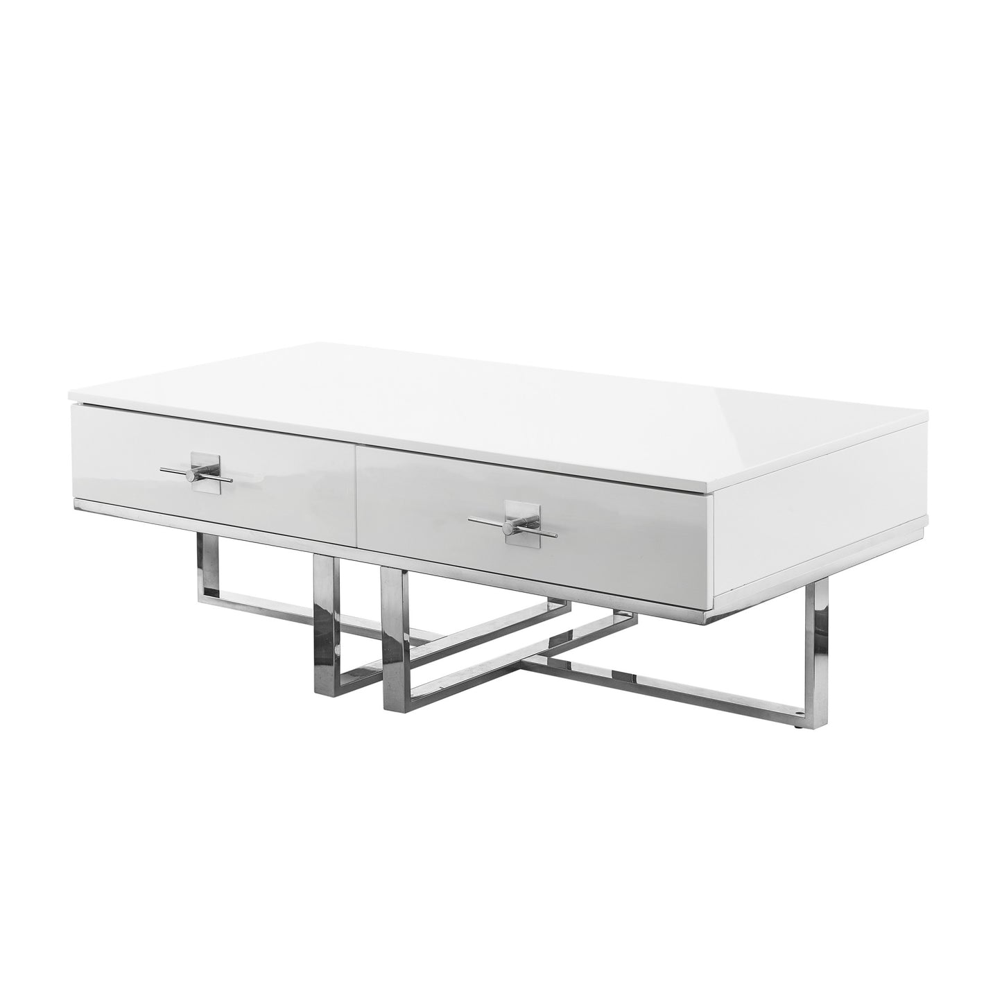 47" White And Silver Metallic Wood And Stainless Steel Coffee Table