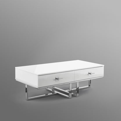 47" White And Silver Metallic Wood And Stainless Steel Coffee Table