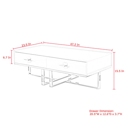 47" White And Silver Metallic Wood And Stainless Steel Coffee Table