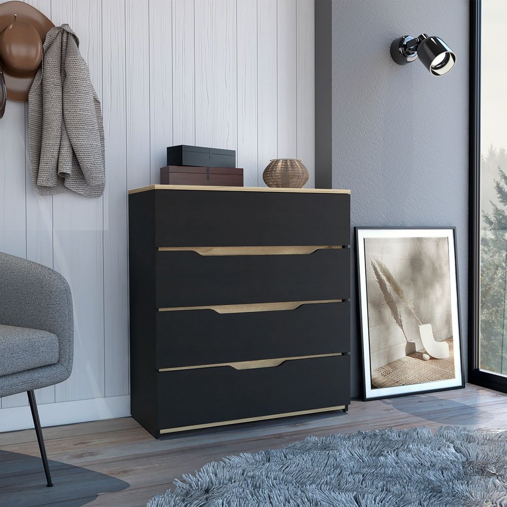 32" Natural And Black Four Drawer Dresser