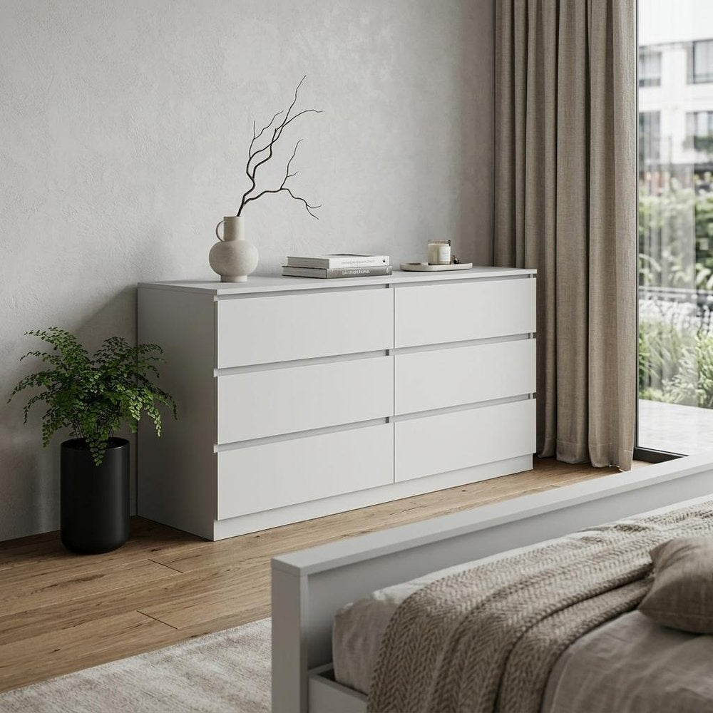 61" White Wood Six Drawer Double Dresser