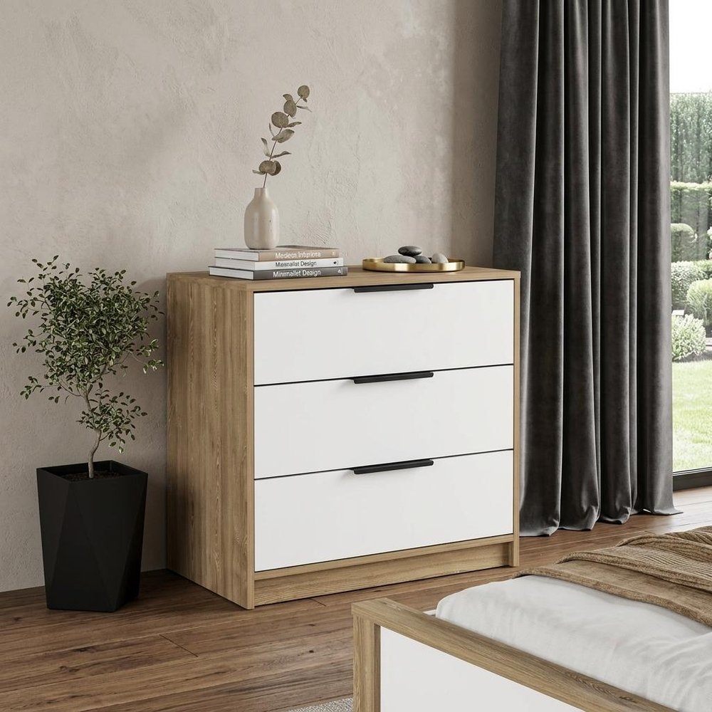 28" White And Natural Wood Three Drawer Dresser