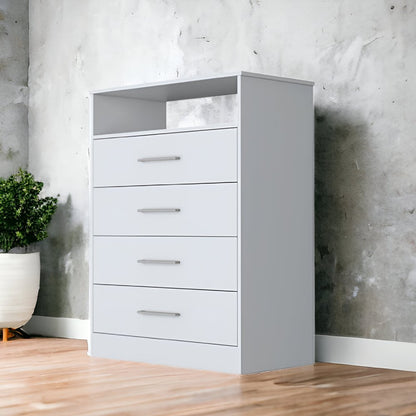 31" White Four Drawer Dresser With Open Shelf