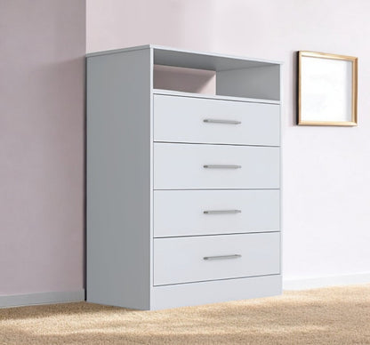 31" White Four Drawer Dresser With Open Shelf