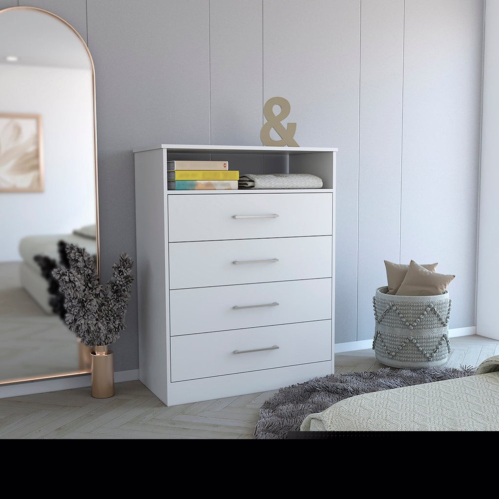 31" White Four Drawer Dresser With Open Shelf
