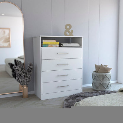 31" White Four Drawer Dresser With Open Shelf