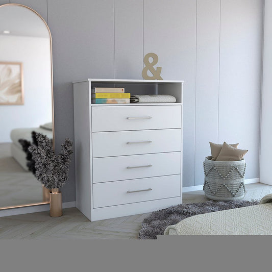 31" White Four Drawer Dresser With Open Shelf