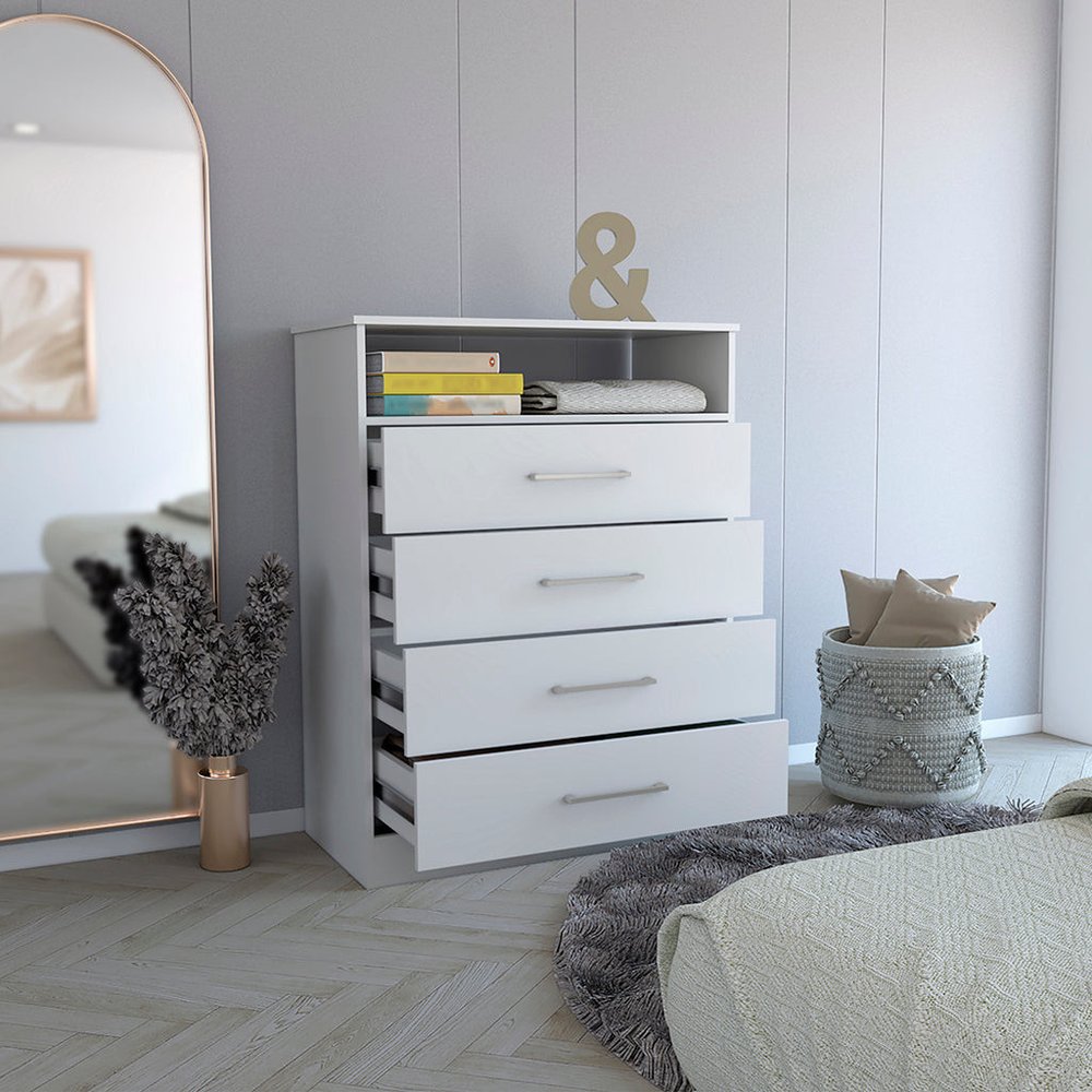 31" White Four Drawer Dresser With Open Shelf
