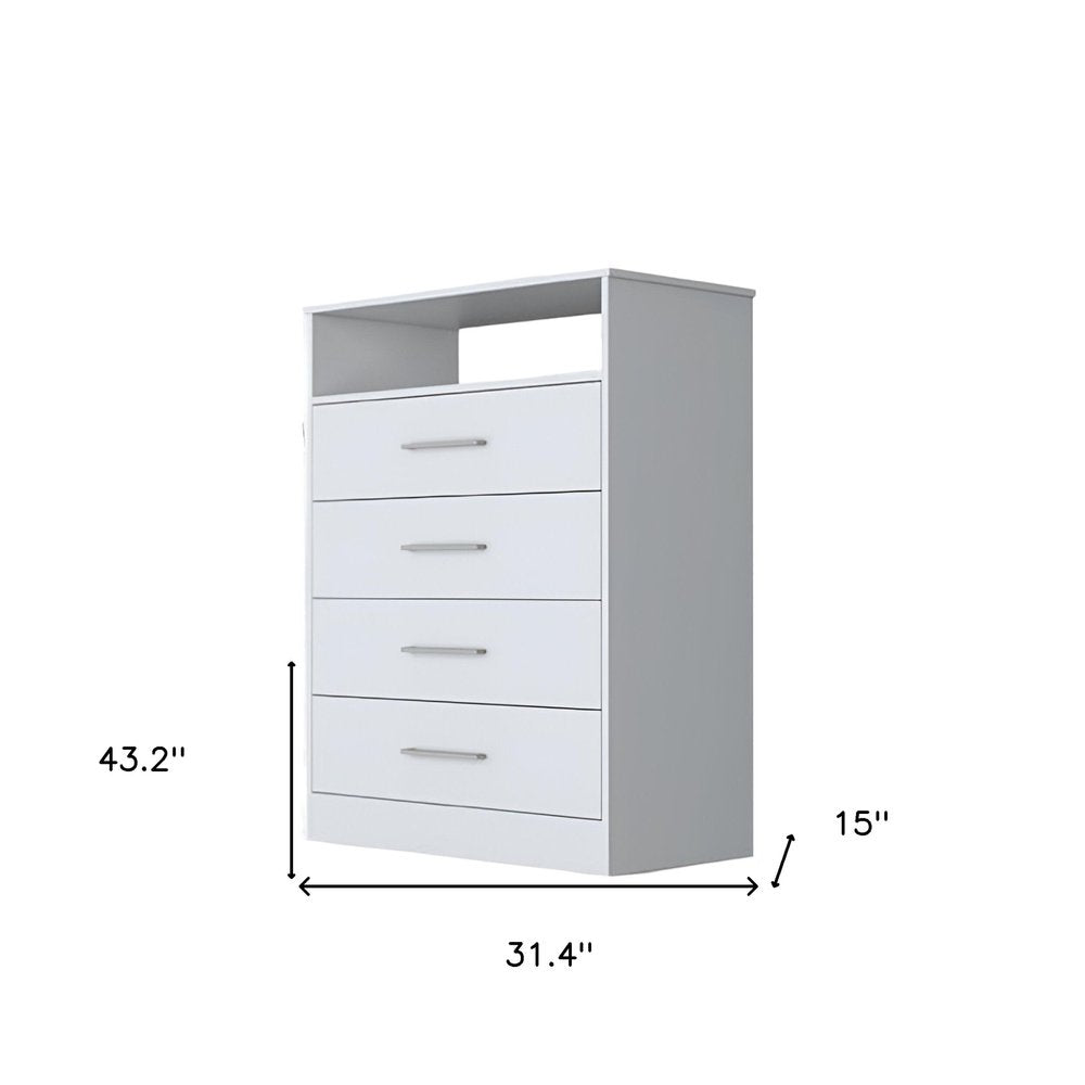 31" White Four Drawer Dresser With Open Shelf