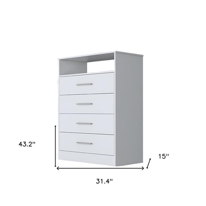 31" White Four Drawer Dresser With Open Shelf