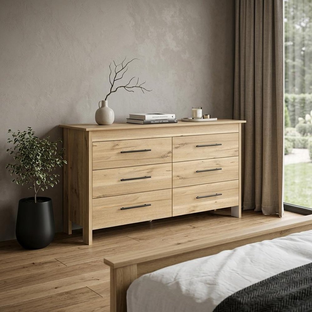 59" Natural Wood Six Drawer Double Dresser