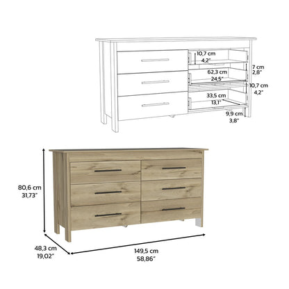 59" Natural Six Drawer Double Dresser