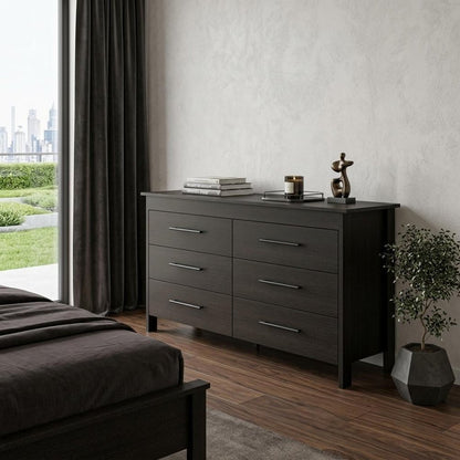 59" Black Wood Six Drawer Double Dresser