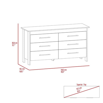 59" White Six Drawer Double Dresser