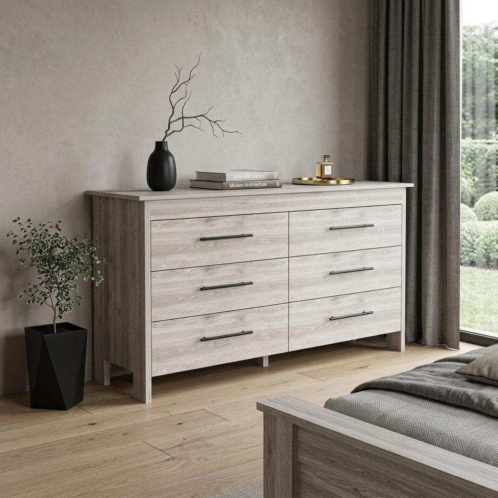 59" Light Gray Wood Six Drawer Double Dresser