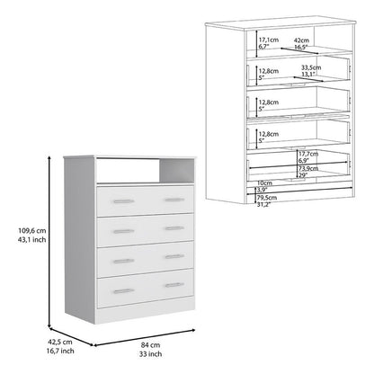 33" White Four Drawer Standard Chest With Open Shelf