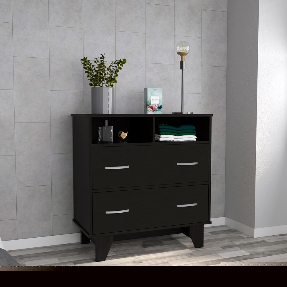32" Black Two Drawer Dresser With Open Shelving