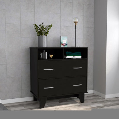 32" Black Two Drawer Dresser With Open Shelving