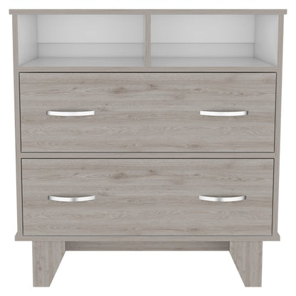 32" Light Gray Two Drawer Dresser With Open Shelving