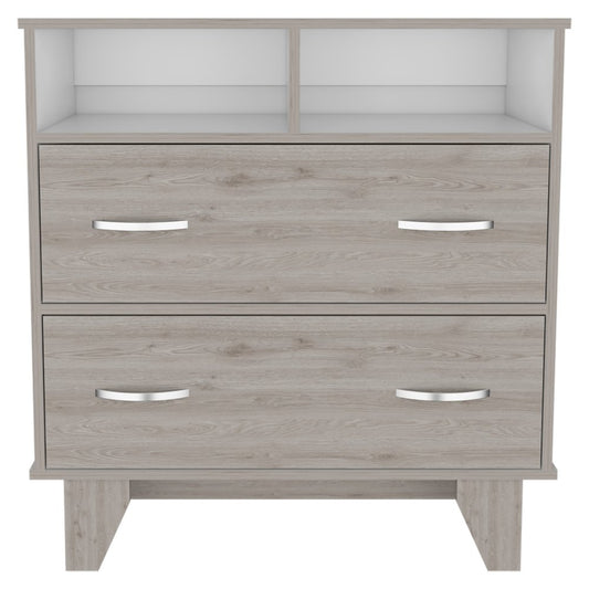32" Light Gray Two Drawer Dresser With Open Shelving