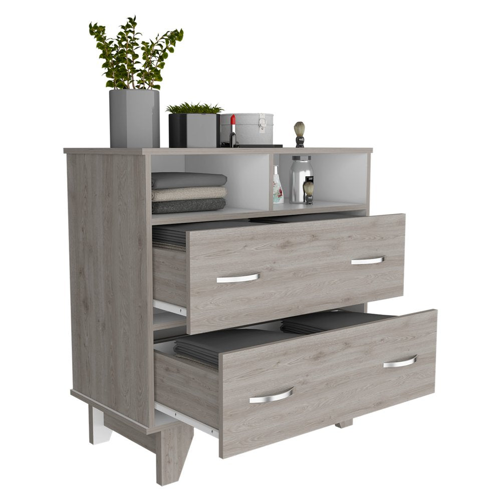 32" Light Gray Two Drawer Dresser With Open Shelving