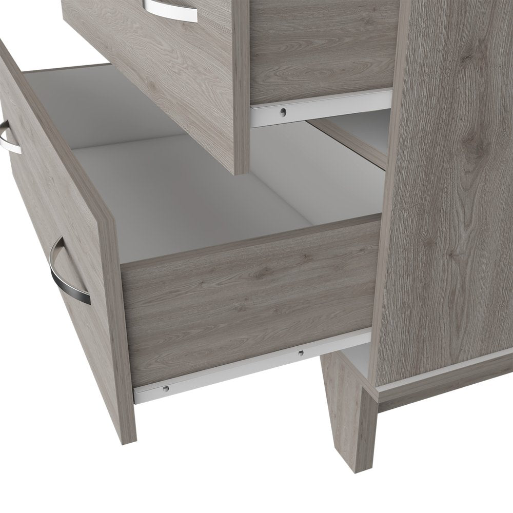 32" Light Gray Two Drawer Dresser With Open Shelving