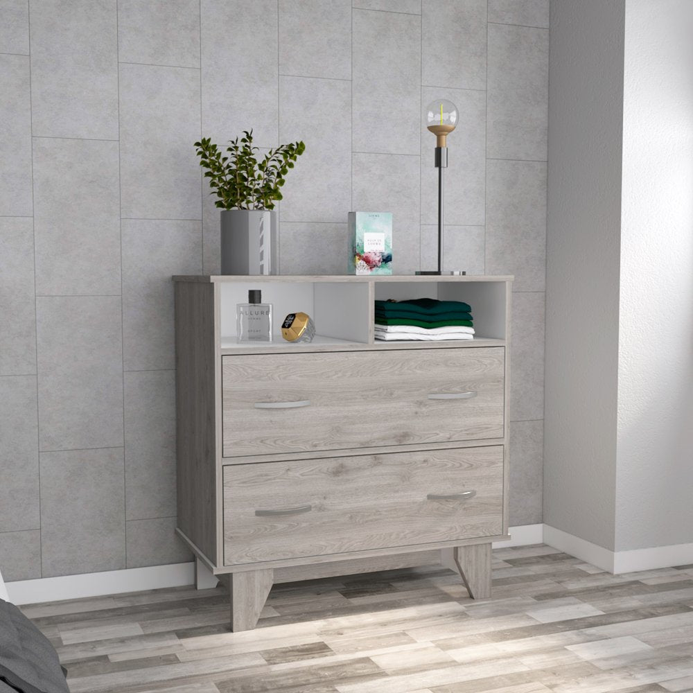 32" Light Gray Two Drawer Dresser With Open Shelving