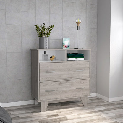 32" Light Gray Two Drawer Dresser With Open Shelving