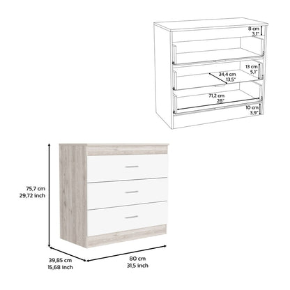 32" White and Gray Three Drawer Dresser