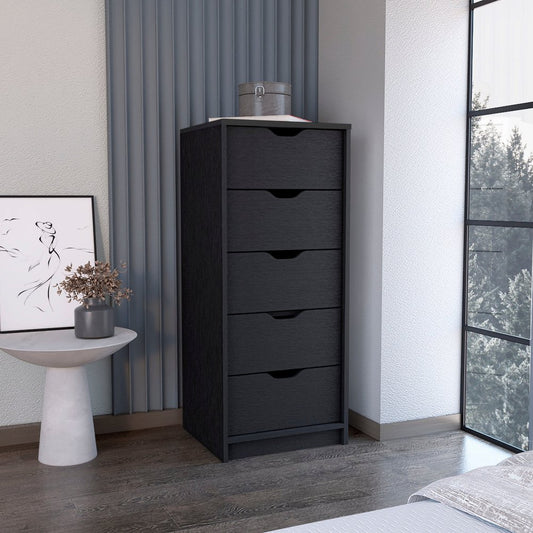 18" Black Wood Five Drawer Dresser
