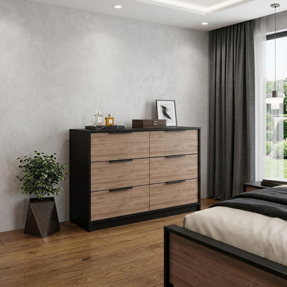 42" Brown And Black Wood Six Drawer Double Dresser