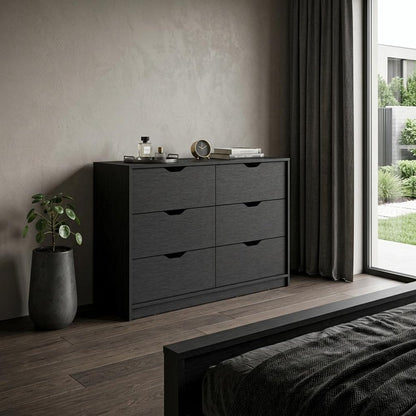 42" Black Wood Six Drawer Double Dresser