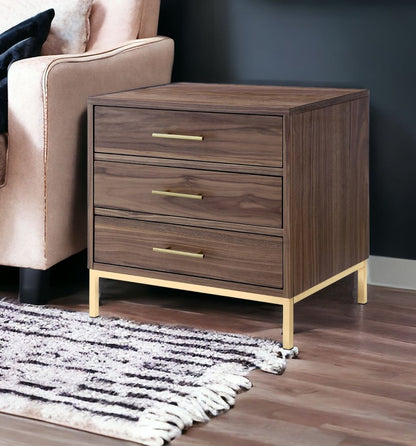 24" Gold And Wood Brown End Table With Three Drawers