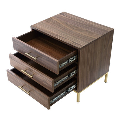 24" Gold And Wood Brown End Table With Three Drawers
