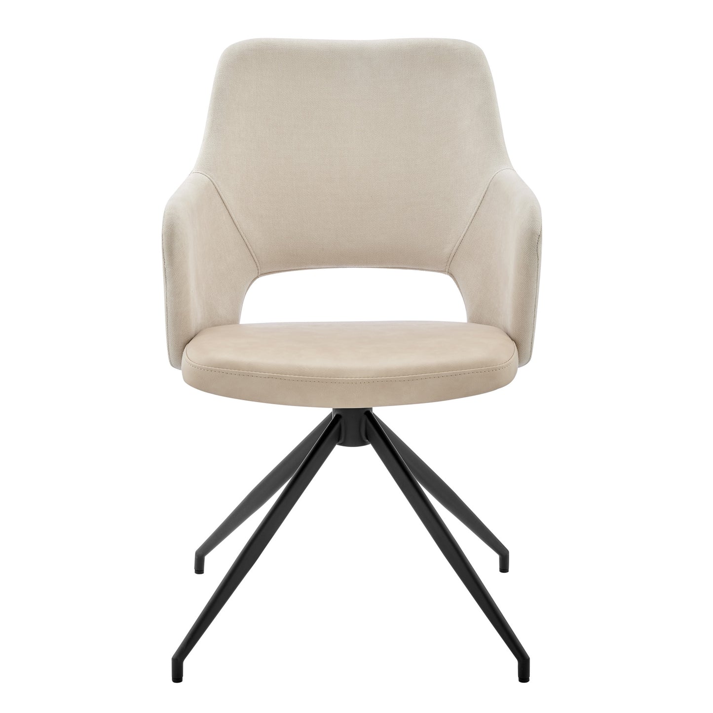 Beige and Black Upholstered Fabric And Faux Leather Open Back Dining Arm Chair