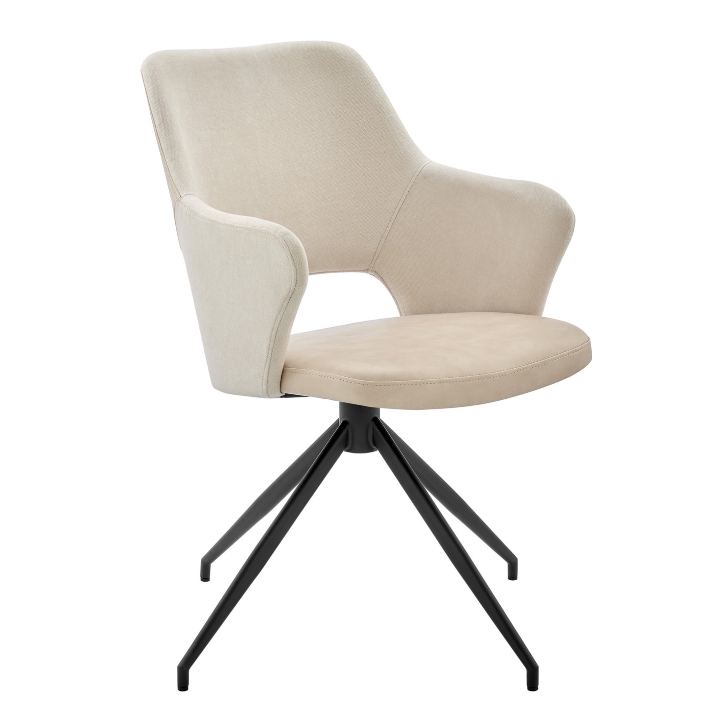 Beige and Black Upholstered Fabric And Faux Leather Open Back Dining Arm Chair