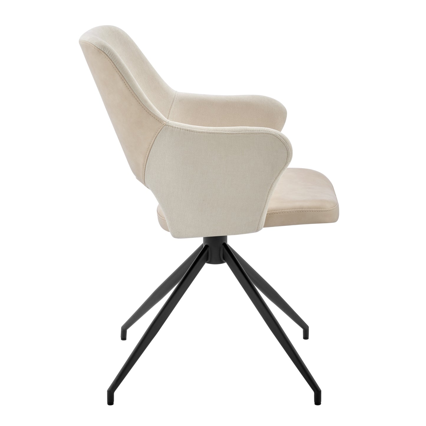 Beige and Black Upholstered Fabric And Faux Leather Open Back Dining Arm Chair
