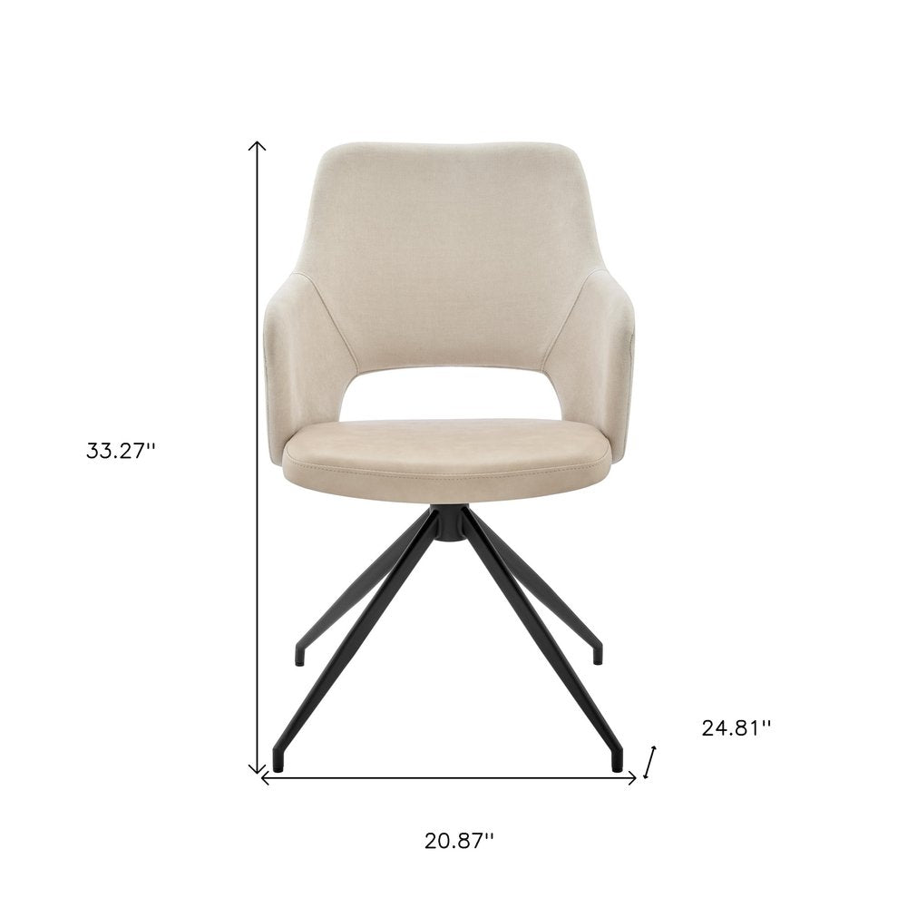 Beige and Black Upholstered Fabric And Faux Leather Open Back Dining Arm Chair