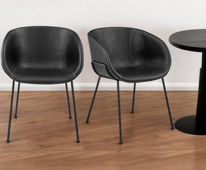 Set of Two Black Upholstered Faux Leather Dining Arm Chairs