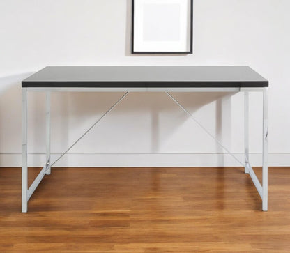54" Black and Silver Wood and Stainless Steel Writing Desk