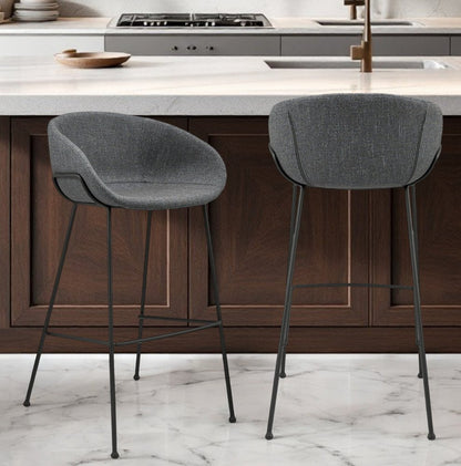 Set of Two 30" Gray and Black Fabric and Steel Low Back Bar Height Bar Chairs