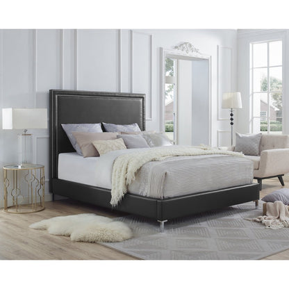 Navy Blue Solid Wood King Upholstered Velvet Bed with Nailhead Trim