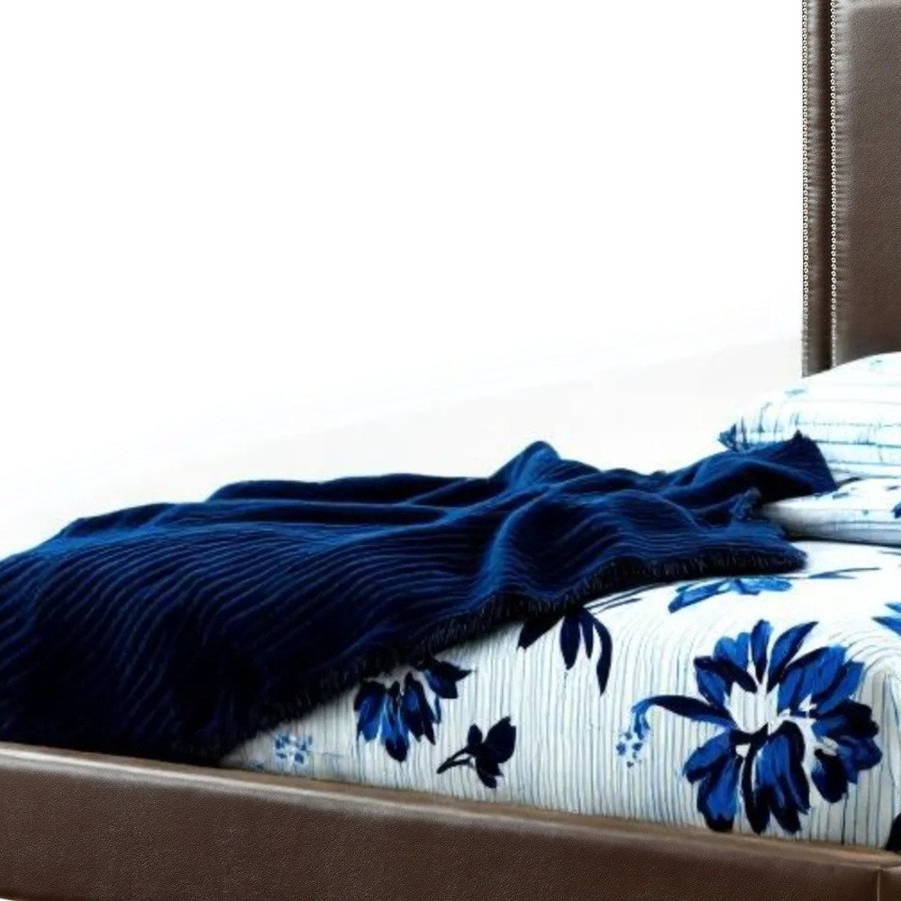 Navy Blue Solid Wood King Upholstered Velvet Bed with Nailhead Trim