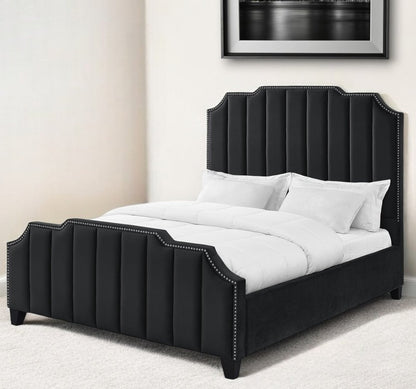 Navy Blue Solid Wood Queen Tufted Upholstered Velvet Bed with Nailhead Trim