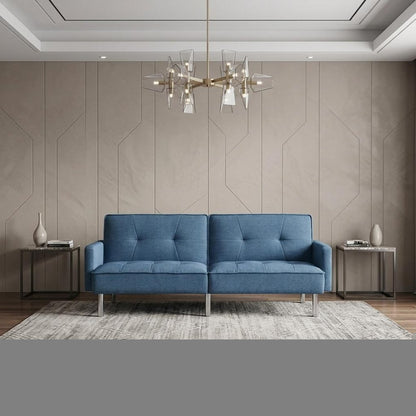 85" Blue Polyester Blend Convertible Futon Sleeper Sofa And Toss Pillows With Silver Legs