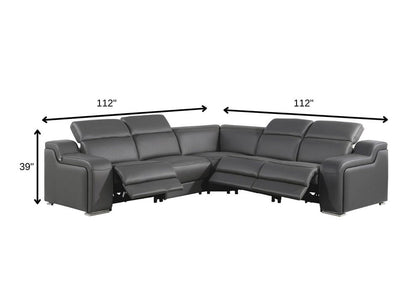 Dark Gray Italian Leather Power Reclining L Shaped Five Piece Corner Sectional