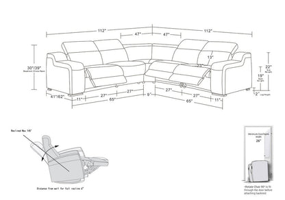 Dark Gray Italian Leather Power Reclining L Shaped Five Piece Corner Sectional