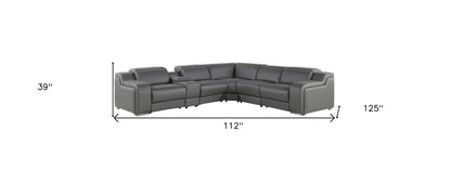 Dark Gray Italian Leather Power Reclining L Shaped Six Piece Corner Sectional With Console