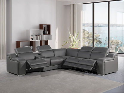 Dark Gray Italian Leather Power Reclining L Shaped Six Piece Corner Sectional With Console