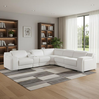 White Italian Leather Power Reclining L Shaped Six Piece Corner Sectional With Console